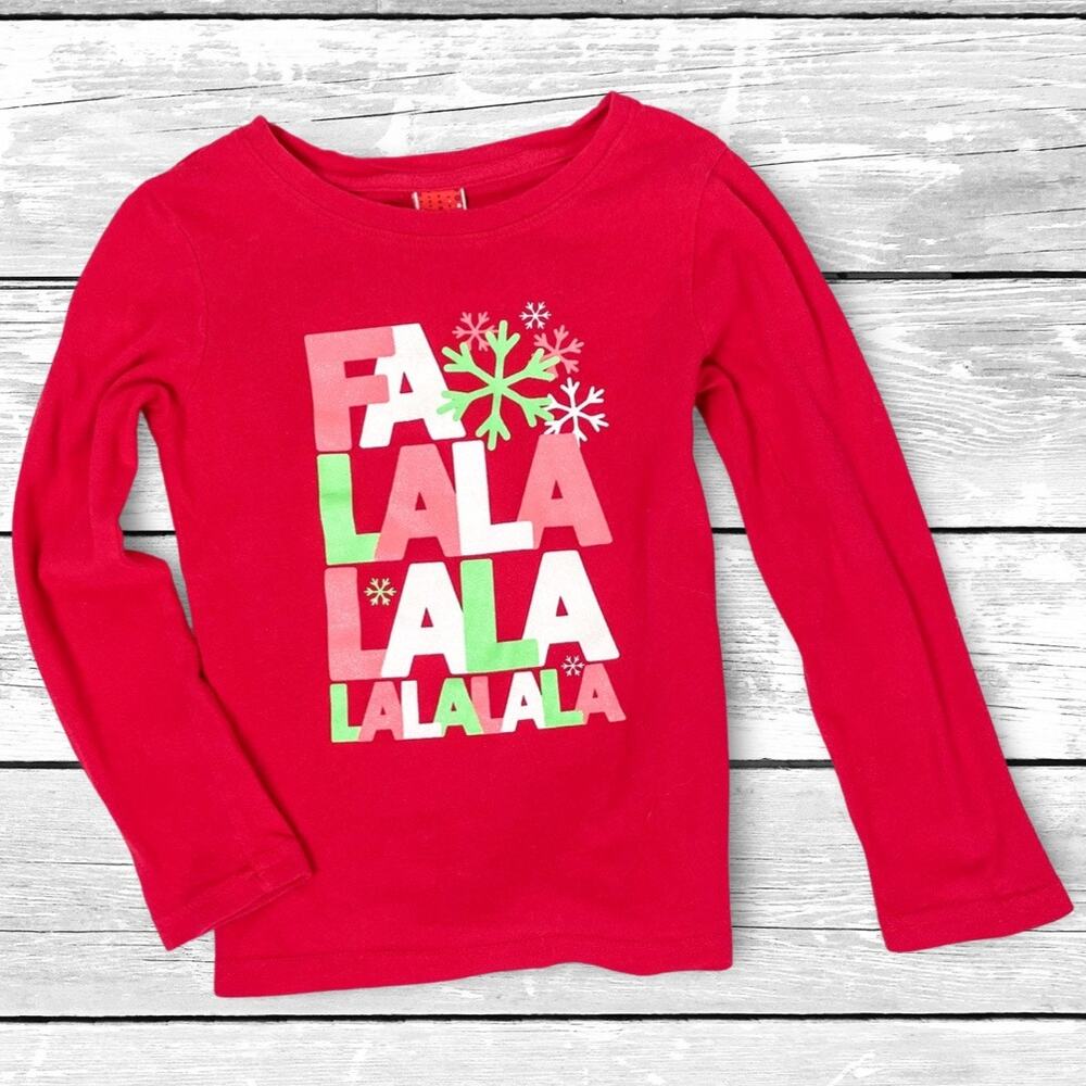Y2K Fa La La Red Glitter Christmas Tee Kids 4/5 Like New